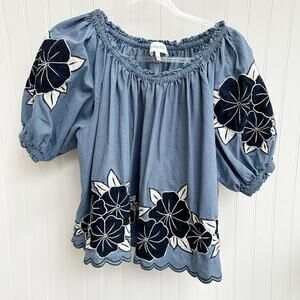 The Great. Applique Floral Garland Top Dutch Blue Embroidered Blouse Boho Small